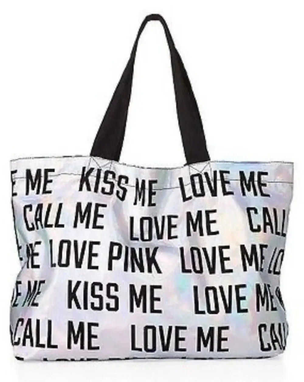 Victoria's Secret PINK Holographic Rainbow Black Tote Beach Carry-All Bag NWT